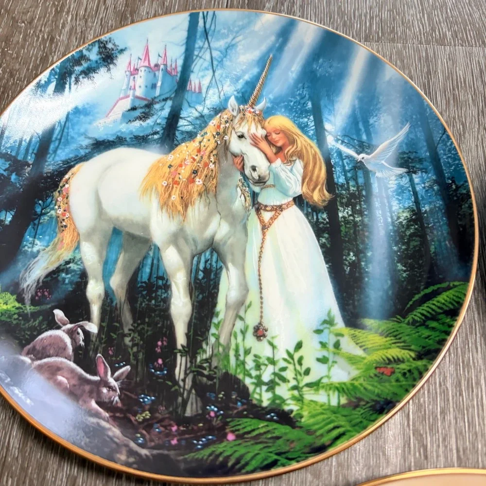 Vintage Ruth Sanderson Unicorn Collector Plate Set of 3 Fantasy Decor Gold Rim